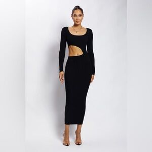 Meshki Black Cutout Ribbed Long Sleeve Midi Dress
